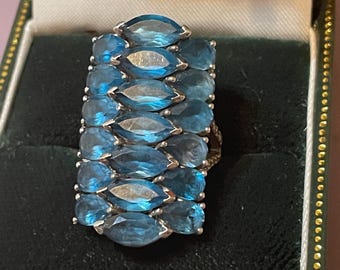 Vintage DSMK Cluster Cocktail Sterling Silver Ring With London Blue Topaz