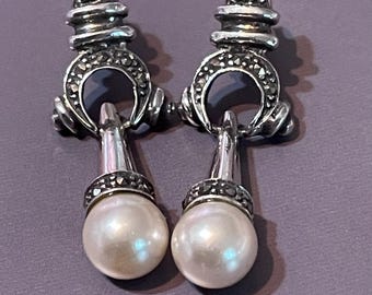 Vintage Silver Marcasite and Faux Pearl Drop Dangle Earrings