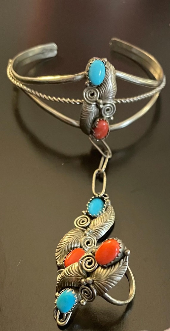 Silver-Tone Bracelet with Coral and Turquoise Stones Red Coral and Turquoise Silver Cuff Bracelet | Boho  main image 3