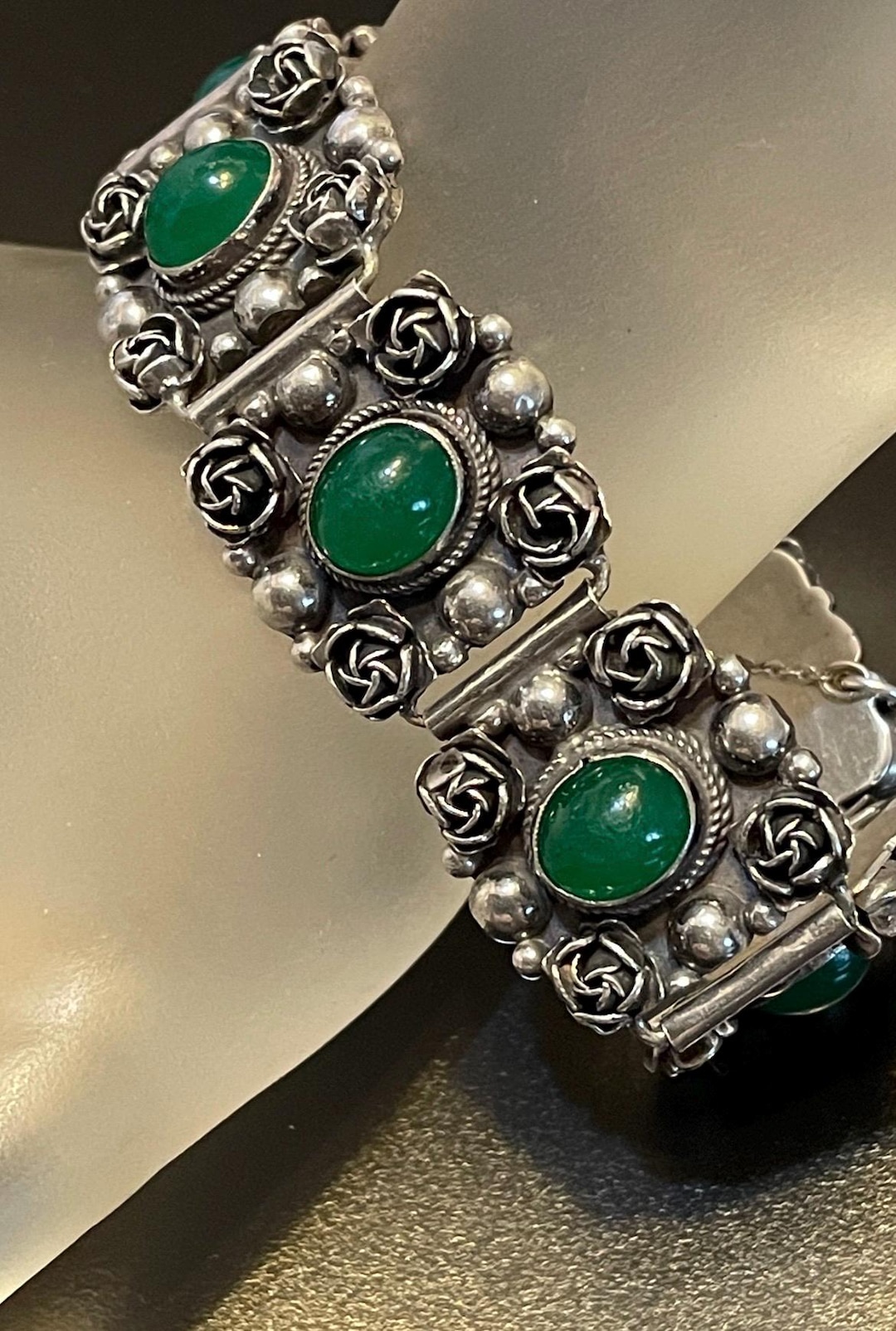 Antique Peruzzi Italian 800 Silver Rose With Green Chrysprase