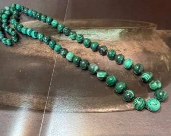 34”Malachite Vibrant Green With Banding Graduated Polished Long Beaded Necklace