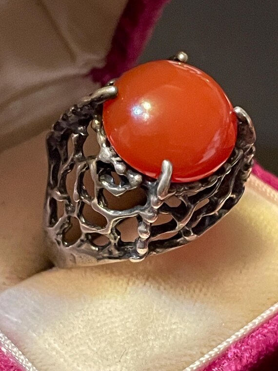 Unique Vintage Sterling Silver Carnelian Brutalist Satatment Ring