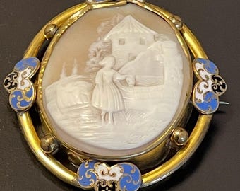 Antique Shell Cameo Gold -filled  With Enamel Brooch