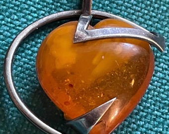 Modernist Baltic Amber Heart Pendant: Sterling Silver Heirloom
