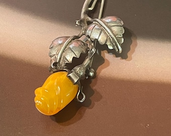 Vintage Sterling Silver Egg Yolk Amber Rose Bud Pin Brooch