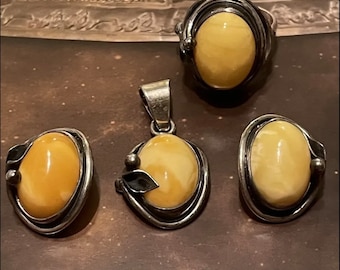 21.31 Gramm Butterscotch Eigelb Bernstein Vintage Set Ohrringe, Anhänger & Ring Sterling Silber 925