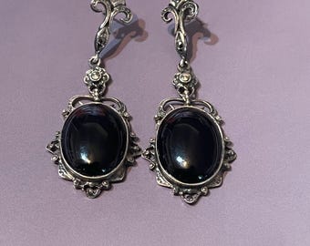 Vintage Art Deco Style Marcasite And Black Onyx Sterling Silver Drop Earrings