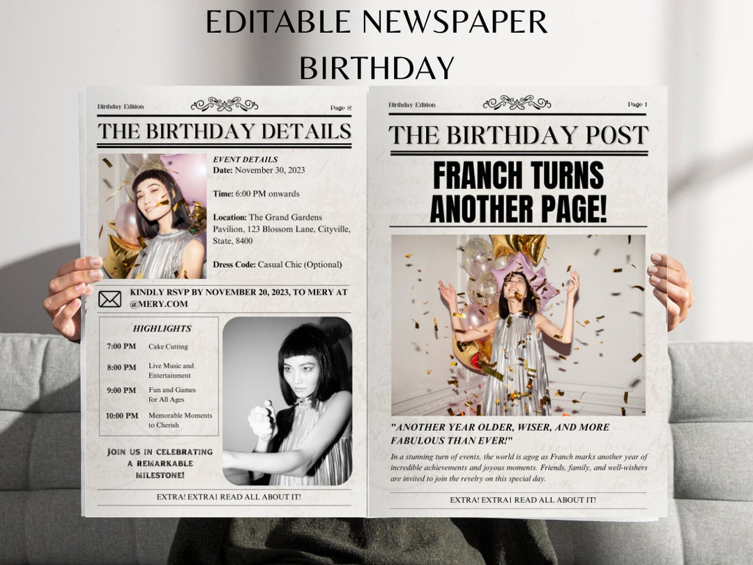 Newspaper Birthday Template Canva Editable Birthday Newspaper Custom ...