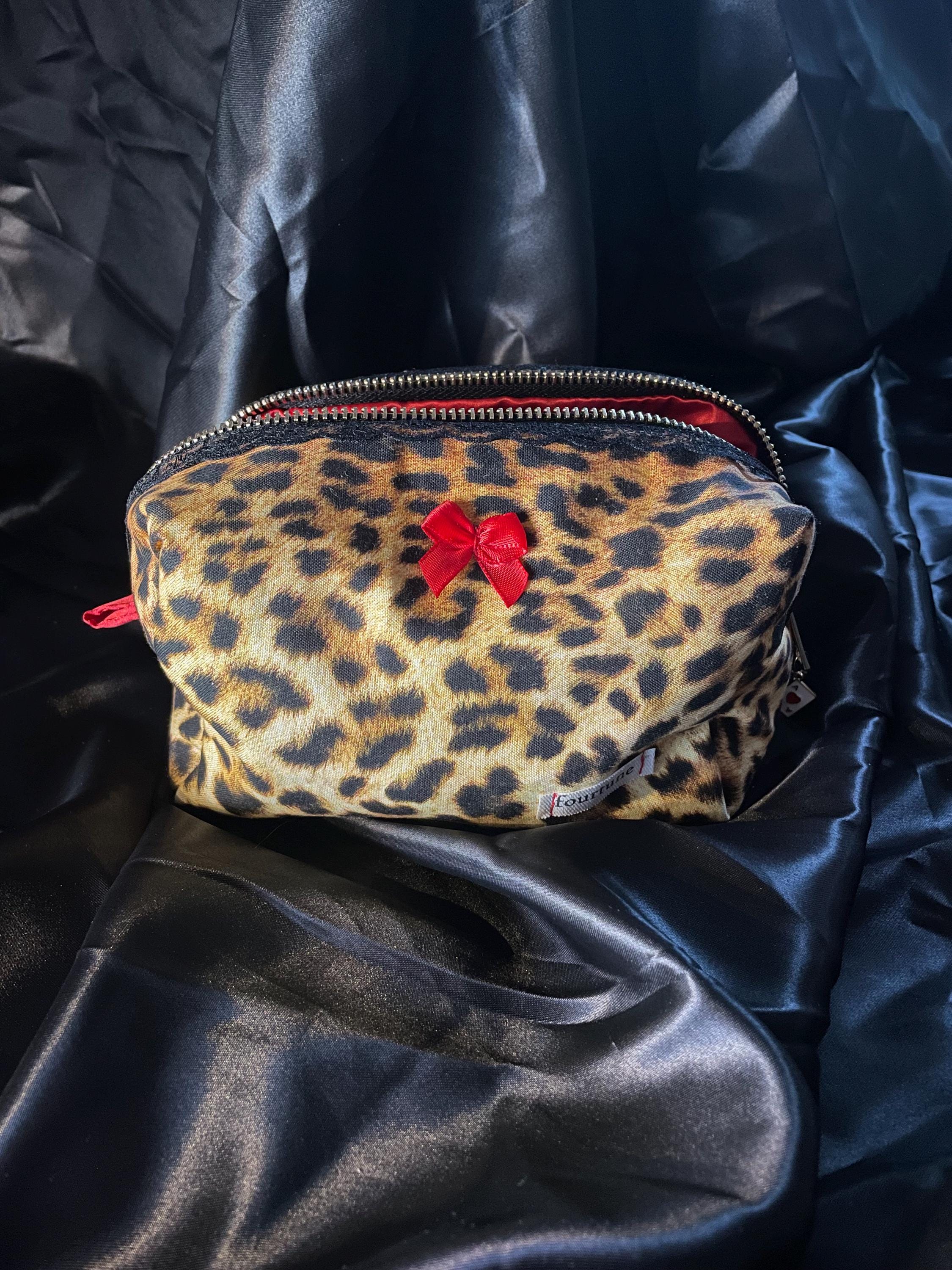 Valentina Red Handmade Makeup Bag. Leopard Print & Black Satin Cosmetic Bag. Y2K Goth Aesthetic, Toiletry Organiser Gift Holiday Bag Medium.