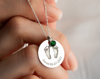 Personalized Baby Footprint Necklace, New Born Birthstone Necklace, Custom New Mom Necklace, Cute Baby Name Necklace, New Mom Gift