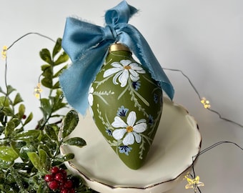 Hand painted Christmas Ornament- Green and White Florals