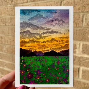 Cartão Pôr do Sol na Montanha - Paisagem em Aquarela