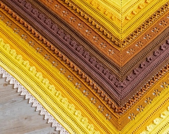 Golden Harvest Shawl - Textured Triangular Shawl with 3D Flowers - Crochet a Masterpiece - Unique Crochet Digital Pattern