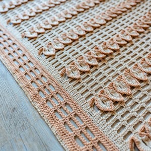 May include: A close-up of a handmade crochet blanket in shades of beige and peach. The blanket features a lattice design with rows of leaf-shaped embellishments. The border has a decorative openwork pattern, adding texture and visual interest to the piece.