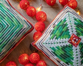 Frosty Pines Pillow, Crochet Pattern, Overlay Mosaic Technique, Holiday Home Decor (PDF)