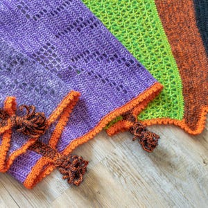 May include: A crocheted shawl with a purple, green, orange, and black color scheme. The shawl has a fringe border and tassels.