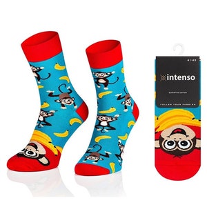 Calcetines de algodón peinado con diseño de mono y plátano: divertidos y coloridos calcetines novedosos