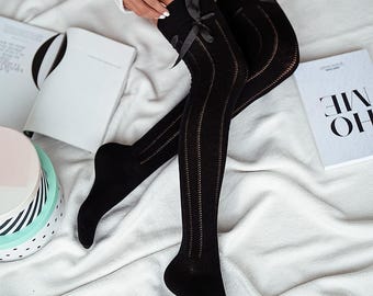 Openwork Over The Knee Socks: Cotton Braid Ribbon Bow Socks