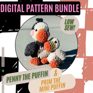 Penny and Prim Puffin Crochet Patterns digital low sew patterns, instant download pdf puffin, amigurumi puffin, soft lovey easy pattern