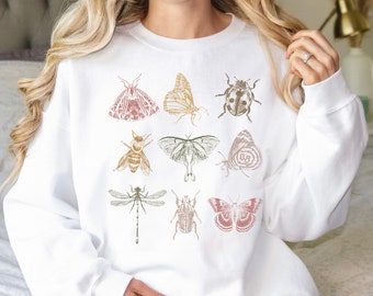 Colorful insect sweatshirt with beetles, butterflies, moths, bee and dragonfly, entomology sweatshirt, nature lover shirt