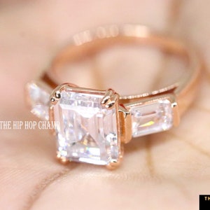 4.78Ct Colorless Emerald & Baguette Three Stone Ring, Three Stone Ring, 3 Stone Engagement Ring, Moissanite Wedding Ring, Anniversary Ring