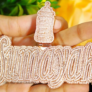Custom Engrave VVS Baguette Cut Moissanite Hip Hop Pendant, Any Custom Letter/Word/Number Rose Gold Plated, Iced Out Letter Pendant For Gift