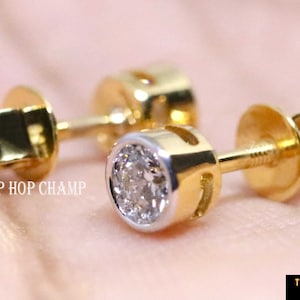 Round VVS Colorless Moissanite Stud 14K Yellow Gold Earrings, Bezel Set Moissanite Engagement Screw Back Earrings, Round Earrings For Gift