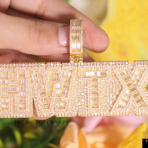 Custom Engrave VVS Baguette Cut Moissanite Hip Hop Pendant, Any Custom Letter or Number Yellow Gold Plated, Iced Out Letter Pendant For Gift