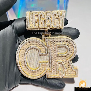 3.0"X3.50" 'CR' Pendent, Iced Out Custom Letter/Number Pendent, Baguette Moissanite Engraved Letter Pendent, Custom Word Bell Letter Pendent