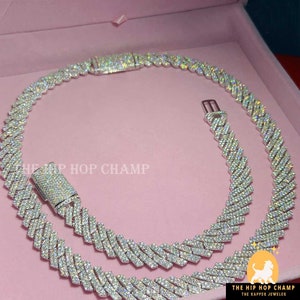 13 mm 2 rzędy VVS bezbarwny Moissanite Hip Hop Cuban, Iced Out męskie bransoletki kubańskie pasujące do zestawu, prawdziwa alternatywa diamentowa białe złoto platerowane