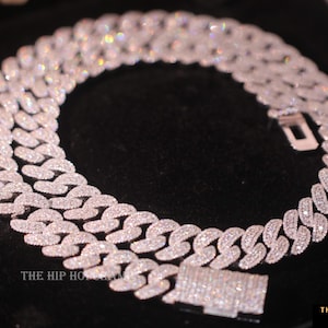 18mm Width Iced Out Miami 41.47CTW Colorless Round Moissanite Alternate Real Diamond Halo Cuban Link Chain 18&#39;&#39; To 24&#39;&#39; Length Gold Plated