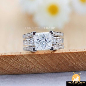 Princess Cut VVS1 Colorless 5.23CTW Moissanite Engagement Ring, Wedding Ring, 14K White Gold Three Row Shank Style Ring Anniversary Gift