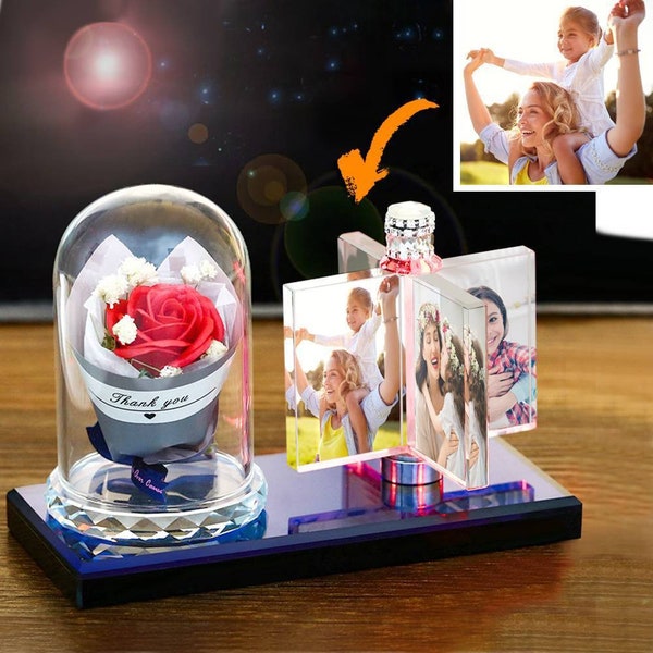 Custom Rotating Windmill Light Crystal Photo Frame with Romantic Rose
