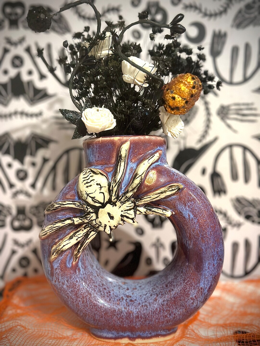 Handmade Pottery Donut Vase. Halloween Themed With Spider Etsy
