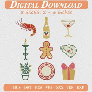 May include: Digital embroidery design set featuring nine icons: a red shrimp, a champagne bottle, a martini glass with a cherry, a candle in a green holder, a gingerbread person, an oyster, a potted plant, a patterned plate, and a gift box.
