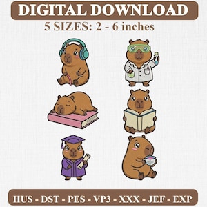 Op de afbeelding: Digitaal download borduurontwerp met zes capibara's in verschillende activiteiten: met een koptelefoon, als wetenschapper met een reageerbuis, slapend op een boek, lezend, met een afstudeerhoed en diploma, en een mok vasthoudend. 5 maten: 5-15 cm.