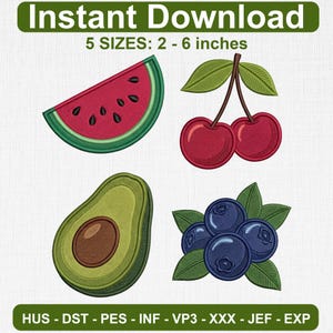 Può includere: Un set di ricami con una fetta di anguria, due ciliegie con foglie verdi, un avocado tagliato a metà e un grappolo di mirtilli con foglie. Il testo riporta Instant Download, 5 SIZES: 5 - 15 cm, HUS, DST, PES, INF, VP3, XXX, JEF, EXP.