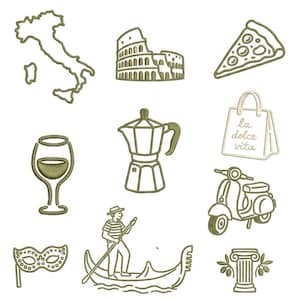 May include: A collection of olive green embroidered icons featuring a map of Italy, the Colosseum, a pizza slice, a wine glass, a moka pot, a shopping bag with the text la dolce vita, a scooter, a masquerade mask, a gondolier, and a classical column.