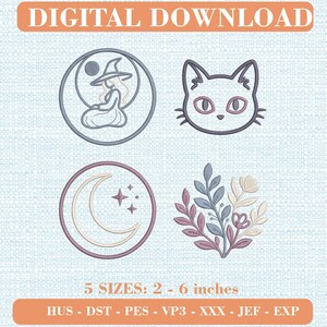 Pode incluir: Um conjunto de designs de bordado para download digital com quatro motivos: uma silhueta de bruxa num círculo, o contorno de uma cara de gato, uma lua crescente com estrelas num círculo e um arranjo floral. Texto: DIGITAL DOWNLOAD, 5 SIZES: 2 - 6 inches, HUS - DST - PES - VP3 - XXX - JEF - EXP.