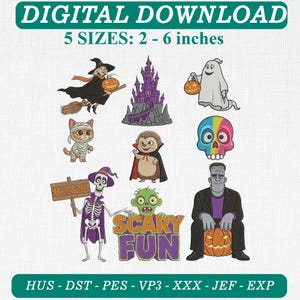 Halloween Character Embroidery Design Set Witch Castle Ghost Mummy Cat Skull Skeleton Zombie Frankenstein Patch