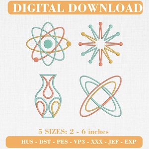 May include: A digital download embroidery design set featuring four line-art icons in teal, coral, and yellow. The icons include an atom, a starburst, a vase, and intersecting ovals. Text reads: DIGITAL DOWNLOAD, 5 SIZES: 2 - 6 inches, HUS - DST - PES - VP3 - XXX - JEF - EXP.