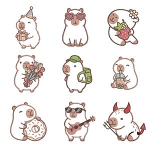 Op de afbeelding: Een verzameling van negen geborduurde capybara-patches met diverse ontwerpen, waaronder een feesthoedje met een cadeau, hartvormige zonnebrillen, een aardbei, een boeket tulpen, een rugzak, bubble tea, een donut, een gitaar en een duivelskostuum.