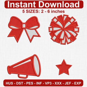 Può includere: Set di ricami digitali con un fiocco rosso e bianco, un pon-pon, un megafono e una stella. Il testo recita Instant Download e 5 SIZES: 2 - 6 inches. I formati file includono HUS, DST, PES, INF, VP3, XXX, JEF ed EXP per macchine da ricamo.