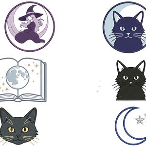 Pode incluir: Uma coleção de seis emblemas bordados apresentando uma bruxa numa lua crescente, um rosto de gato preto num círculo, um livro aberto com lua e estrelas, um gato preto ao lado de uma vela, um rosto de gato preto e uma lua crescente.