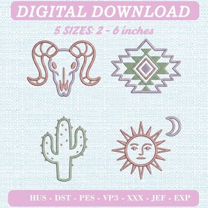 May include: A digital embroidery design set featuring four icons: a ram skull, a geometric diamond shape, a cactus, and a sun with a crescent moon. The text reads DIGITAL DOWNLOAD, 5 SIZES: 2 - 6 inches, and HUS - DST - PES - VP3 - XXX - JEF - EXP.
