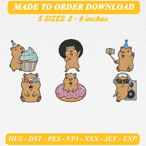 Könnte beinhalten: Ein digitales Stickmuster-Set mit sechs Cartoon-Wasserschweinen in verschiedenen Aktivitäten: mit Cupcake, mit Afro-Perücke, beim Selfie-Machen, mit 3D-Brille, in einem Donut sitzend und mit Kopfhörern neben einem Lautsprecher. Der Text lautet MADE TO ORDER DOWNLOAD 5 SIZES: 2 - 6 inches.