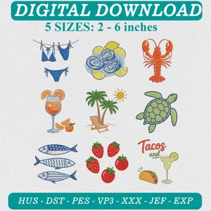 Summer Beach Embroidery Design Set Seafood Turtle Palm Tree Cocktail Fish Tacos Fruit Patch
