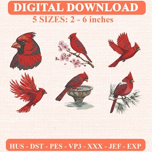 Red Cardinal Embroidery Design Bundle, Bird Nursery Crafts Icons (Digital Download)