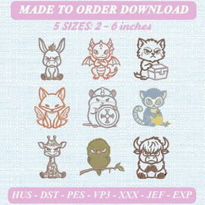 May include: A digital embroidery design set featuring nine cartoon characters including a donkey, dragon, cat with a box, fox, hamster with a shield, lemur, giraffe, owl on a branch, and a bull. Text reads MADE TO ORDER DOWNLOAD, 5 SIZES: 2 - 6 inches, HUS - DST - PES - VP3 - XXX - JEF - EXP.