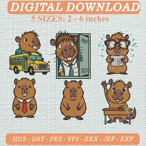 Op de afbeelding: Digitale download borduurontwerpen met zes capybara illustraties: in een gele schoolbus, kijkend uit een kluisje, met een bril lezend, met een stropdas, staand en zittend aan een bureau. Inclusief 5 formaten van 5 tot 15 cm.